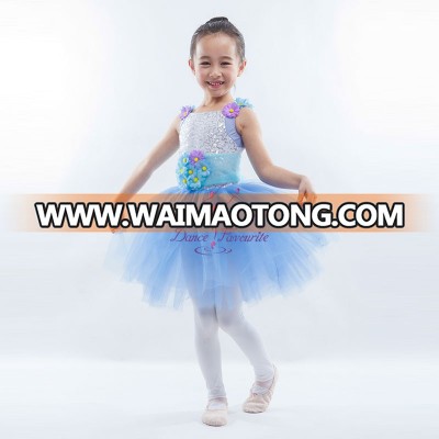 Kids Dance Show Costume Jazz Ballet Dance Tutu Silver Sequin White Spandex Leotard with Blue Soft Tulle Tutu Dress 16008