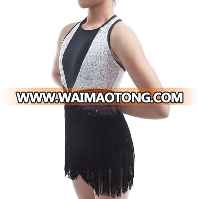 New Arrival of Girls Black/White Sequin and Mesh Dance Bodice with Black Tassel Skirt Jazz & Tap Dance Costume 16042